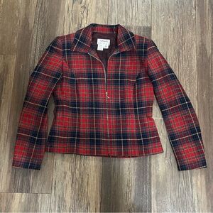 Talbots wool blend zip up red tartan plaid blazer jacket women's 2p petite